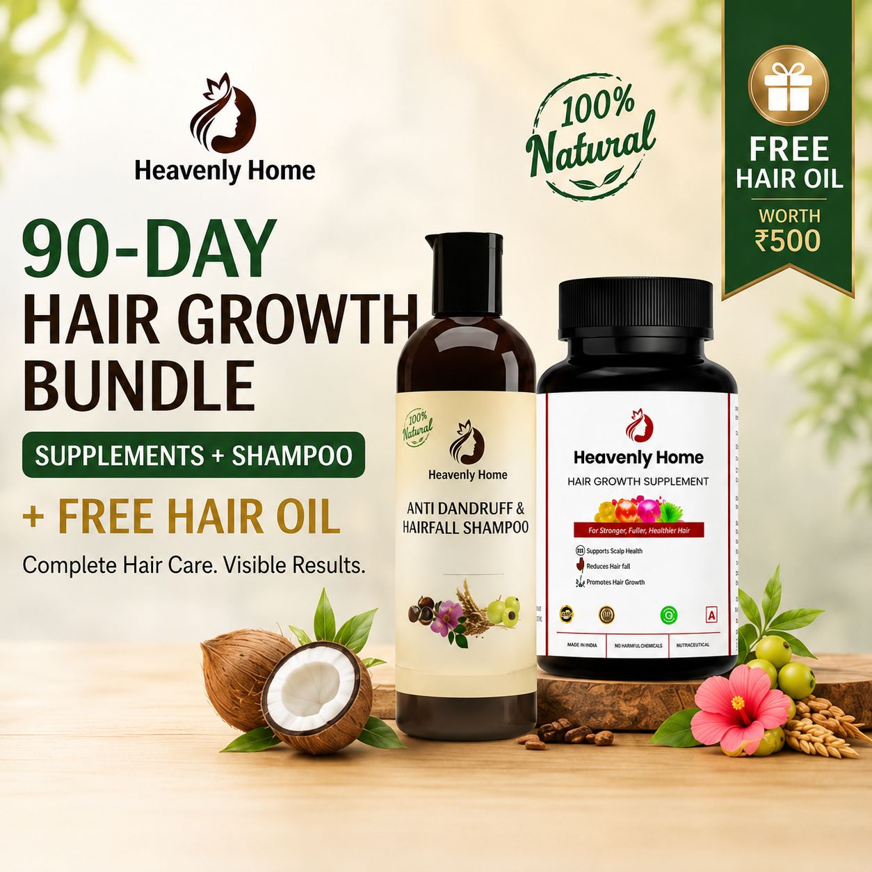 90-Day Hair Growth Bundle – Supplements + Shampoo + Free Hair Oil